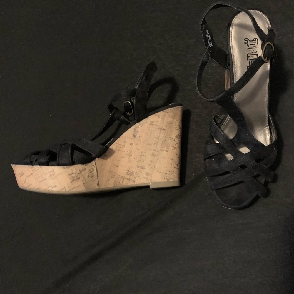 Black cork strapy wedges